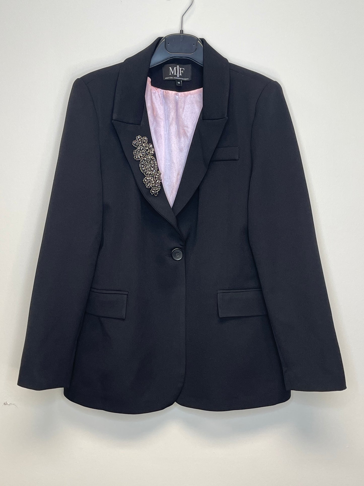 Pink Lined Black Blazer w/ Lapel Medallion