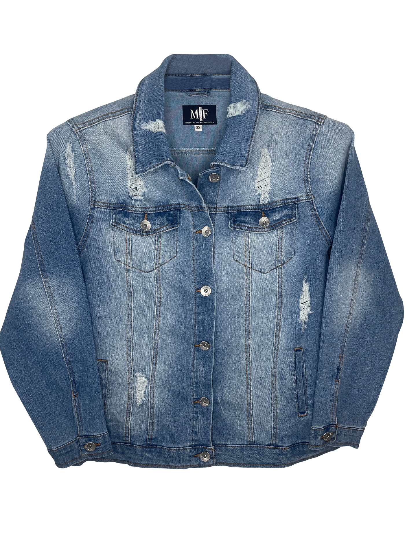 Jacket, Blue Denim Extended Size, Stretchy Distressed, Butterfly