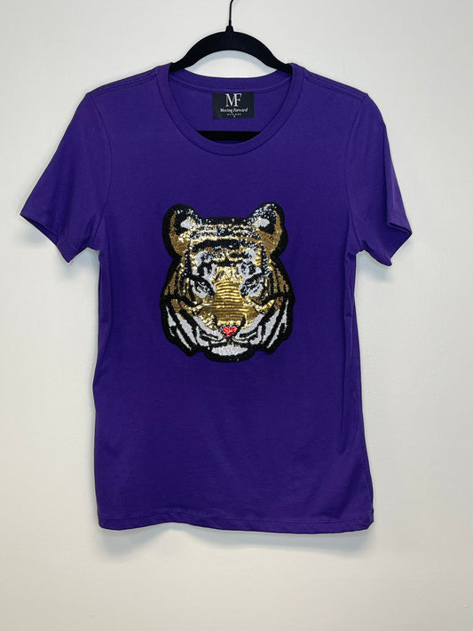 T-Shirt, Purple Crewneck, Sequin Tiger Face