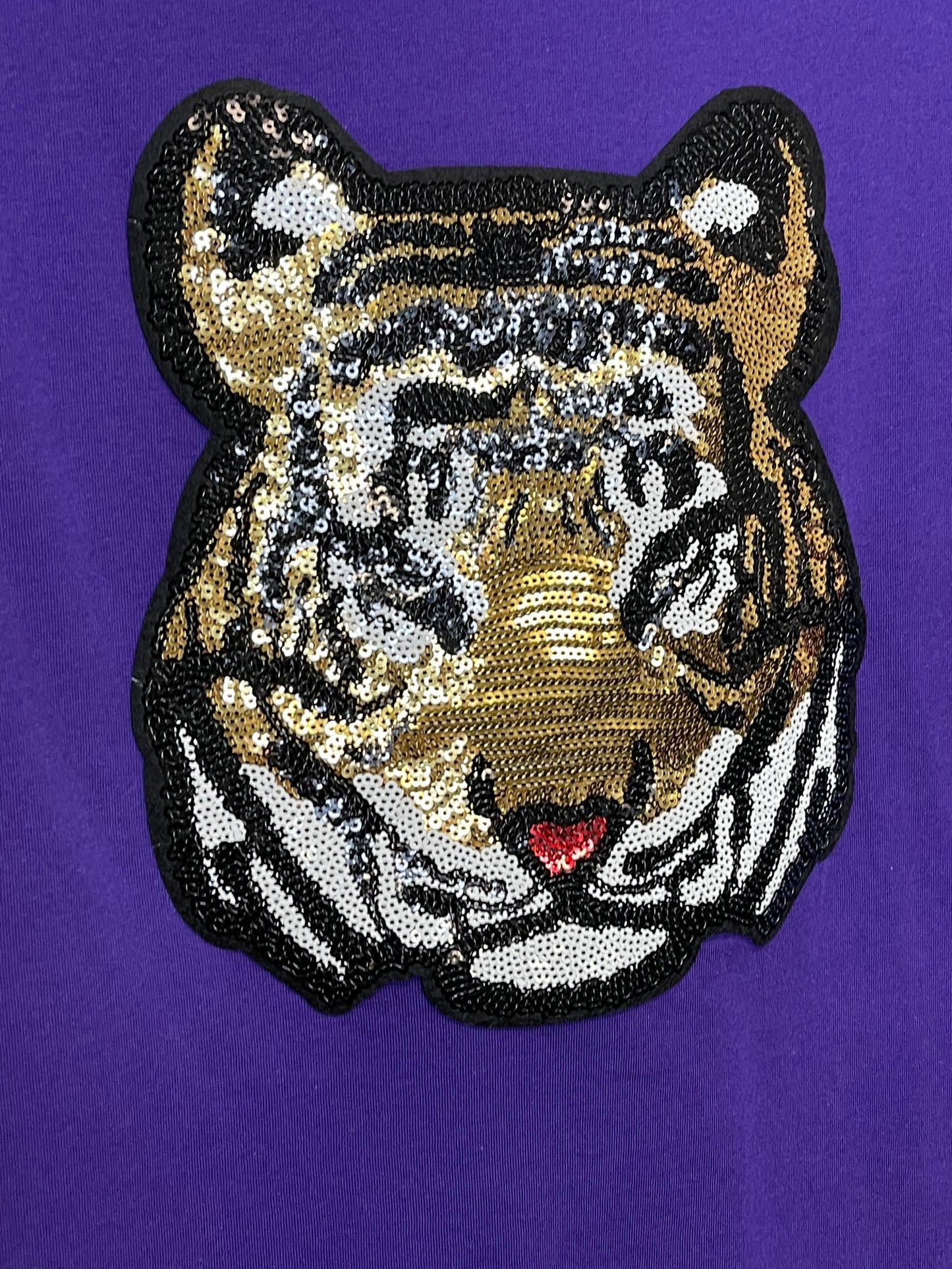 T-Shirt, Purple Crewneck, Sequin Tiger Face