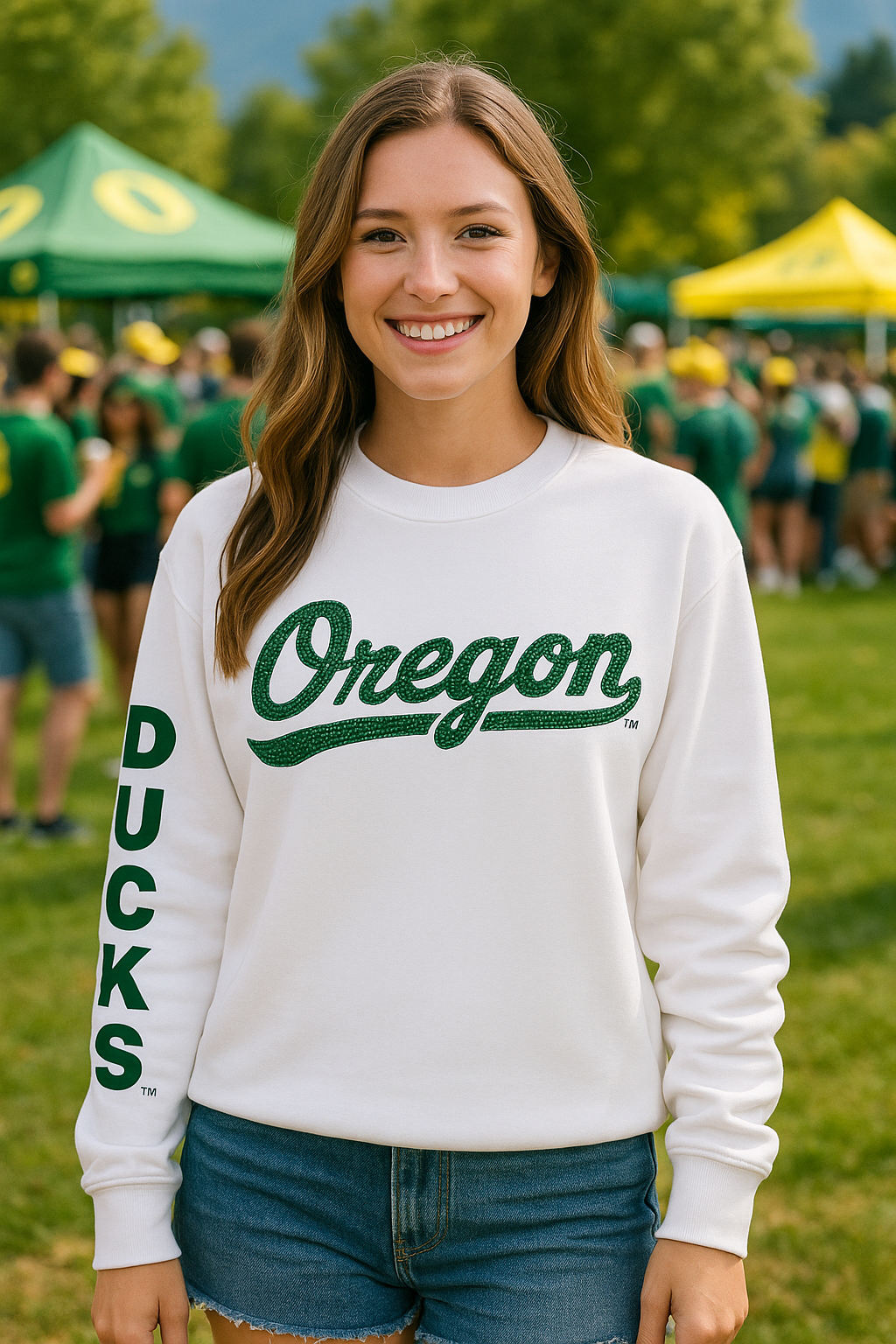 Game Day Sweatshirt, Crewneck White, University Of Oregon Script Ducks