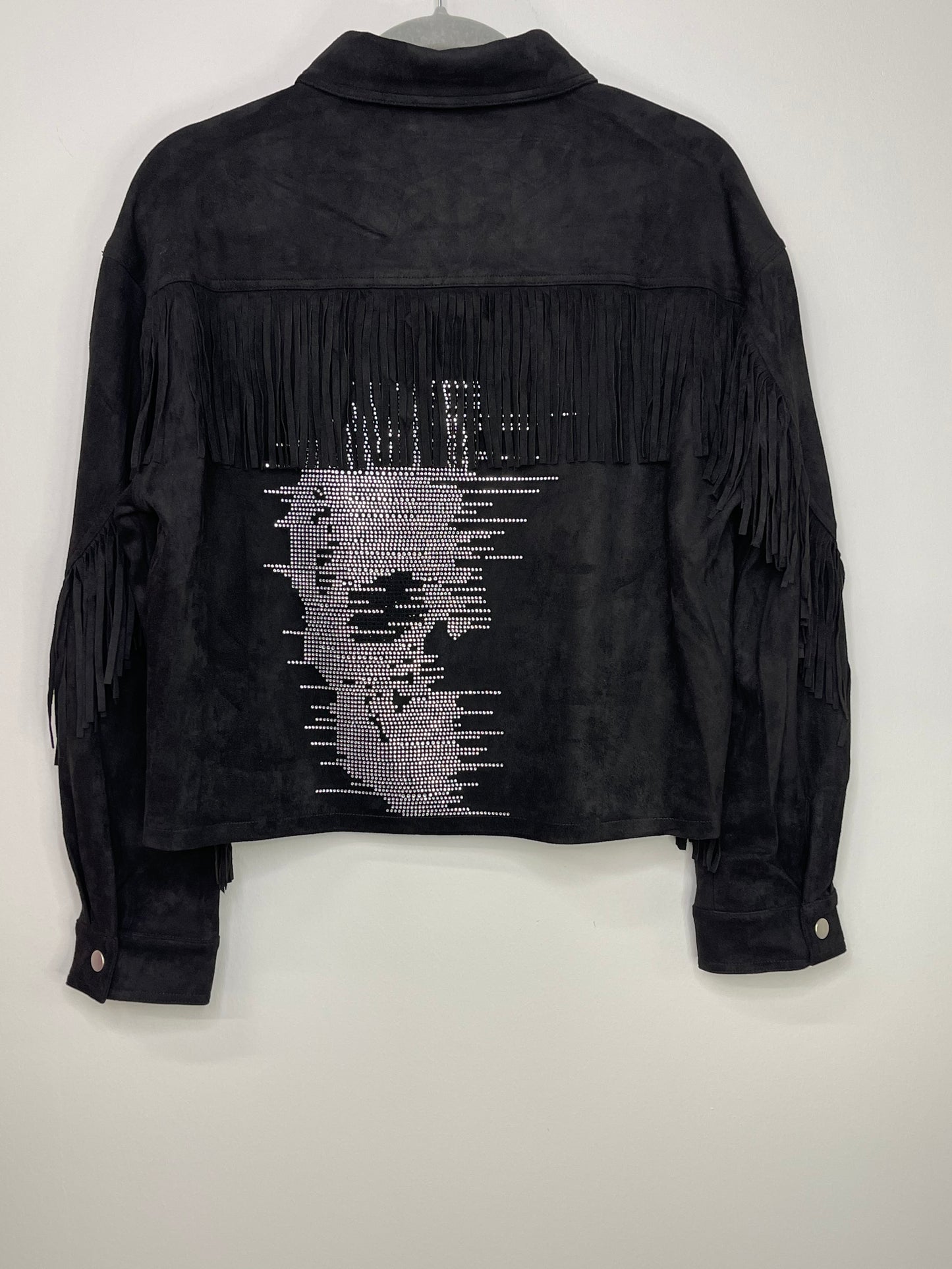 Jacket, Suede Fringe Black, Faded Silver Skull