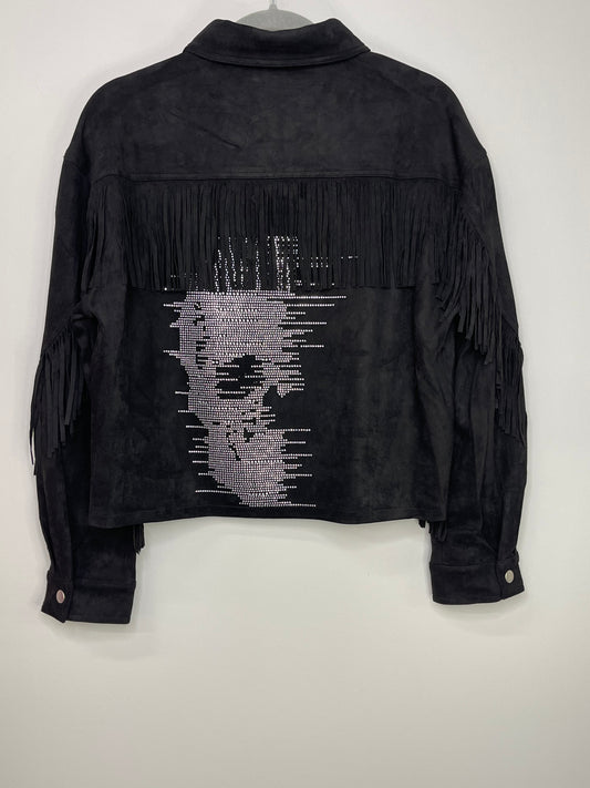 Jacket, Suede Fringe Black, Faded Silver Skull