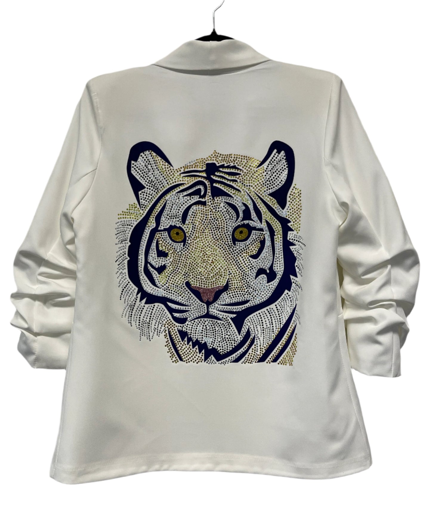 Blazer, Ruched White, Purple Tiger