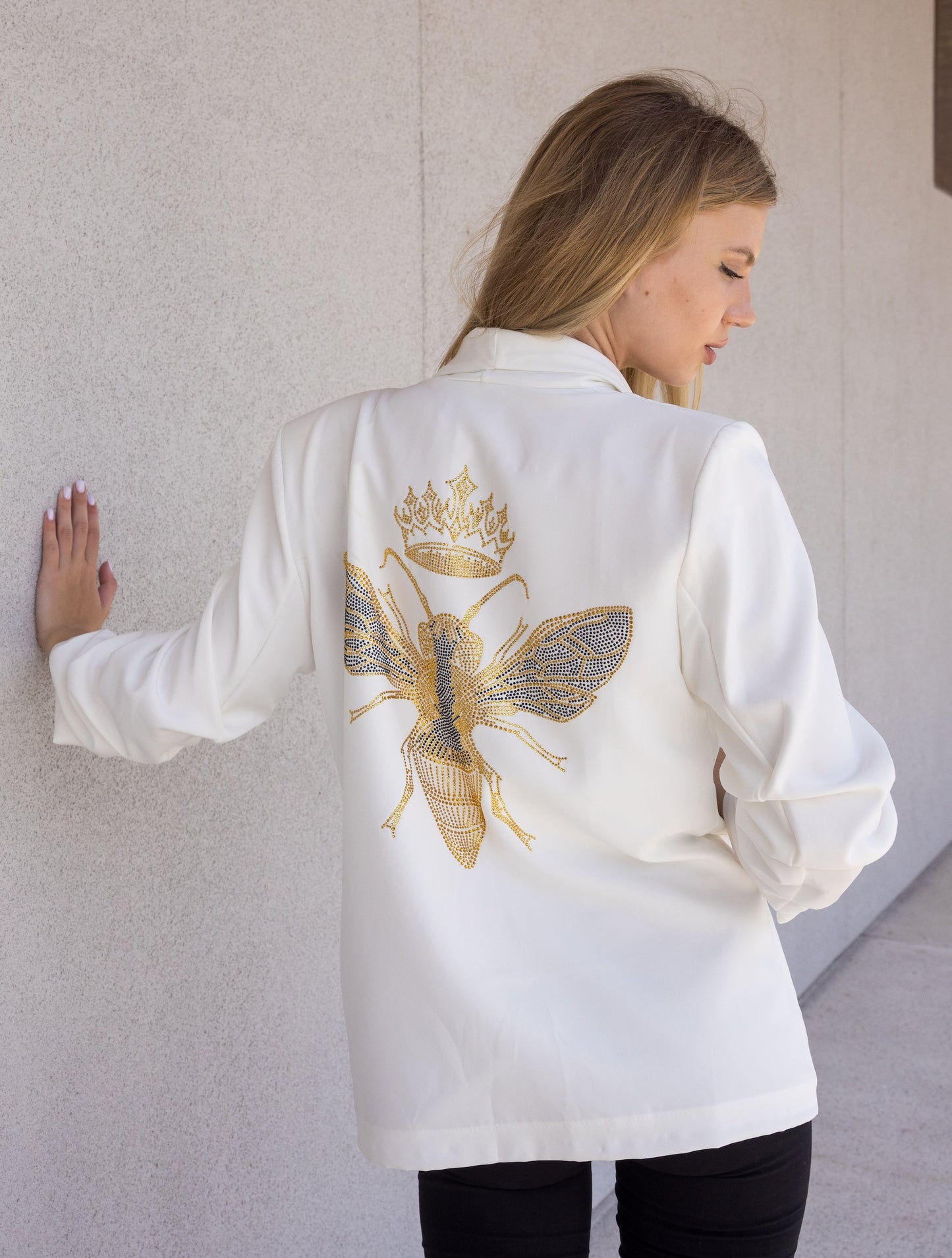 Blazer, Ruched White, Gold Queen Bee