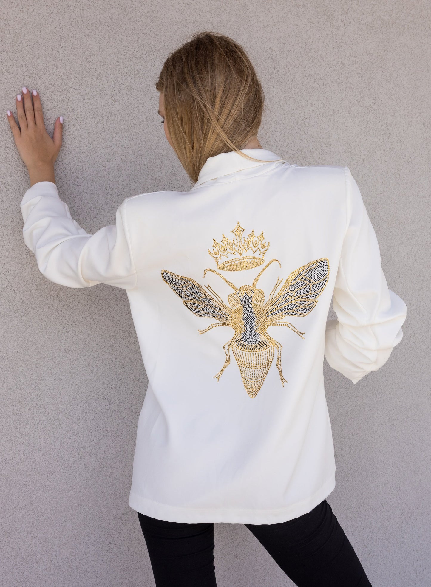 Blazer, Ruched White, Gold Queen Bee