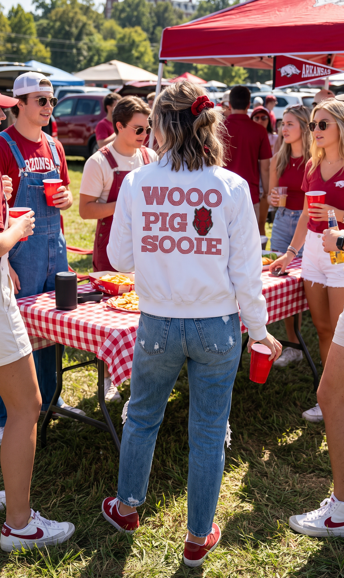University of Arkansas Wooo Pig Sooie Razorback White Bomber Jacket